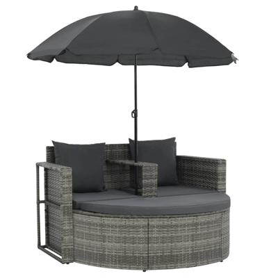VidaXL Tuinbank 2-zits met kussens en parasol poly rattan grijs