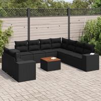 10-delige Loungeset met kussens poly rattan zwart - thumbnail