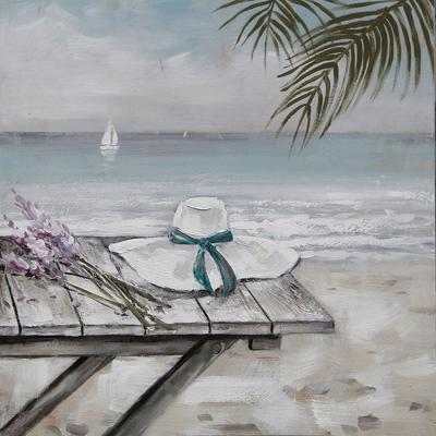 Schilderij - Handgeschilderd - Eenzaam op het strand, olieverf, 100x100 cm.