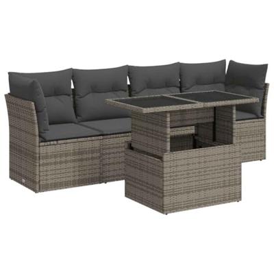 5-delige Loungeset met kussens poly rattan grijs