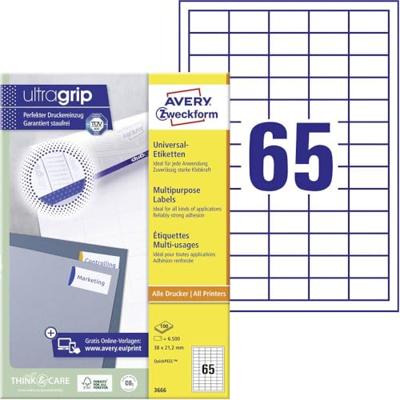 Avery Zweckform 3666, Universele etiketten, Ultragrip, wit, 100 vel, 65 per vel, 38 x 21,2 mm