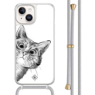 iPhone 14 hoesje met grijs koord - Peekaboo kat