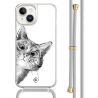 iPhone 14 hoesje met grijs koord - Peekaboo kat - thumbnail