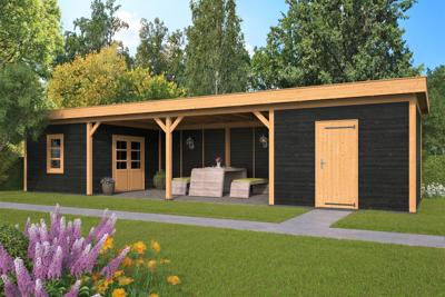 Tuindeco Oslo XL Overkapping type 12 1303x430 cm Lariks/Douglashout blank en Zweeds rabat zwart- Plat dak- Onbehandeld lariks Douglas hout- Tuindeco