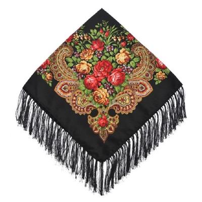 Zwarte etnische stijl retro kwast vierkante sjaal bloem patroon hoofddoek sjaal grootte: 90 x 90cm