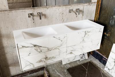 Badkamermeubel Kivi Hangend 150x47x45cm Porcelenato Solid Surface Wastafel Geen Kraangaten Dubbel met 4 Lades