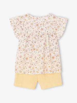 Set blouse met bloemen en short van katoengaas voor meisjes pastelgeel Set blouse met bloemen en short van katoengaas voor meisjes pastelgeel