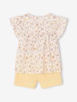 Set blouse met bloemen en short van katoengaas voor meisjes pastelgeel - thumbnail