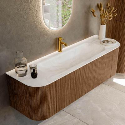 Mondiaz KURVE-DLUX 150 cm Onderkast Greeploos 1 Lade Met Deuren Walnut, Wastafel Solid Surface Midden Ostra 1 Kraangat Zonder Spiegel (KRVBGM150L+R1L2D1KM-Wal/Ost)