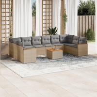 11-delige Loungeset met kussens poly rattan gemengd beige - thumbnail