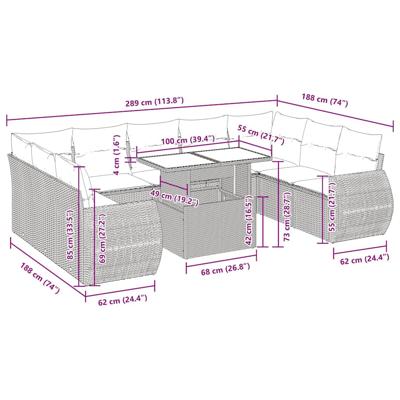 10-delige Loungeset met kussens poly rattan bruin