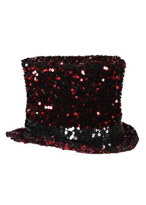 Cabaret Luxe hoge hoed pailletten rood-zwart