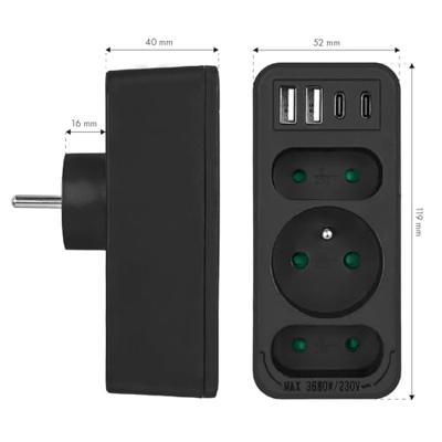 Stopcontact x3 + 4xUSB Maclean, 3-voudige splitter, 2xUSB A, 2xUSB C PD 20W, 1x16A + 2x6A, MCE248 F/B