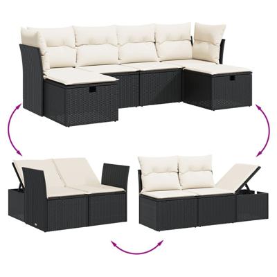 6-delige Loungeset met kussens poly rattan zwart
