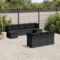 10-delige Loungeset met kussens poly rattan zwart - thumbnail