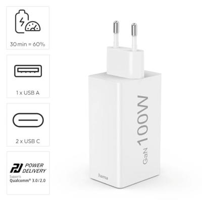 Hama Snellader GaN 2x USB C PD 1x USB A QC 100W Wit