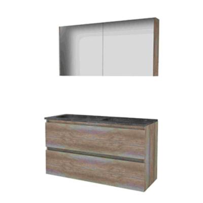 Basic-Line Comfort 46 Badkamermeubelset - 120 x 46 cm - Greeploos - 2 Lades - Hardstenen Wastafel - 2 Kraangaten - Spiegelkast - Scotch Oak