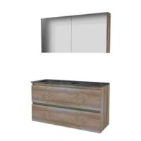 Basic-Line Comfort 46 Badkamermeubelset - 120 x 46 cm - Greeploos - 2 Lades - Hardstenen Wastafel - 2 Kraangaten - Spiegelkast - Scotch Oak - thumbnail