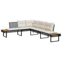 Tuinbank met kussens L-vormig poly rattan en acaciahout zwart - thumbnail