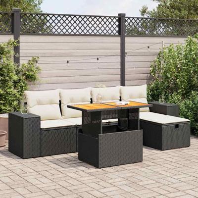 6-delige Loungeset met kussens poly rattan acacia zwart