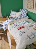 Dekbedovertrekset + kussensloop kind met gerecycled katoen VARSITY blauw, geruit - thumbnail