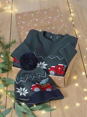 Kerstset met jacquard trui + bijpassende muts met pompom voor jongens dennen Kerstset met jacquard trui + bijpassende muts met pompom voor jongens dennen