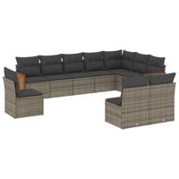 10-delige Loungeset met kussens poly rattan grijs - thumbnail