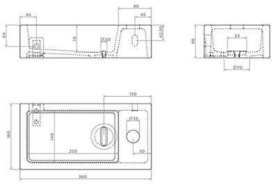 Clou Flush 3 fontein 36x18cm zonder kraangat rechts mat it zand ker CL/03.36031 Clou Flush 3 fontein 36x18cm zonder kraangat rechts mat it zand ker CL/03.36031