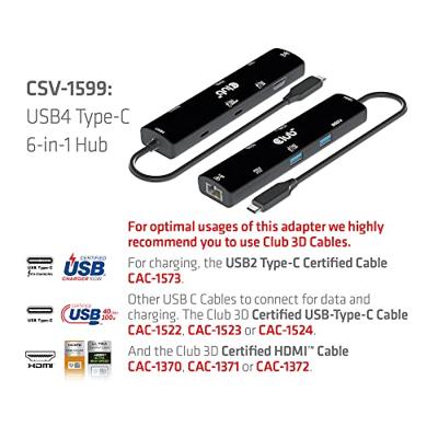 Club 3D CSV-1599 USB4™ Gen3x2 Type-C, 6-in-1 hub met HDMI™ 8K60Hz of 4K120Hz, 2xUSB Type-A (10G), Ethernet RJ45(2.5G) en 2xUSB Type-C, 1x Data (10G) en 1xPD3.0 opladen 100 watt