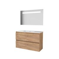 Basic-Line Economic 39 Badkamermeubelset - Ondiep - 100 x 39 cm - Greeploos - 2 Lades - Keramische Wastafel - 1 Kraangat - Spiegel met LED Verlichting - Whisky Oak - thumbnail