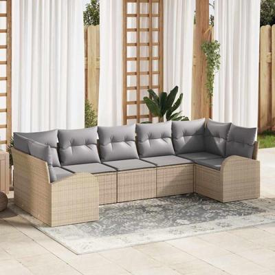 Tuinbankenset met kussen 7 pcs Beige en Licht Grijs poly rattan