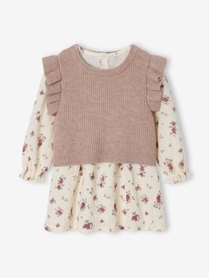 2-delige babyset met jurk met print en trui zonder mouwen ecru