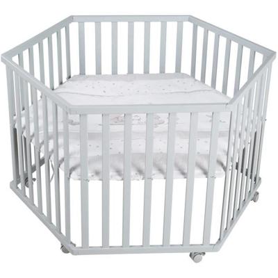 ROBA Hegaxonal Playpen - Gevoerde hoes - Olifantpatroon - 6 geremde wielen - Taupe gelakt hout