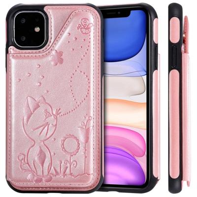 Voor iPhone 11 kat Bee reliëf patroon schokbestendige beschermende case met kaartsleuven & fotolijstjes (Rose goud) Voor iPhone 11 kat Bee reliëf patroon schokbestendige beschermende case met kaartsleuven & fotolijstjes (Rose goud)