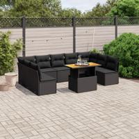 10-delige Loungeset met kussens poly rattan zwart - thumbnail