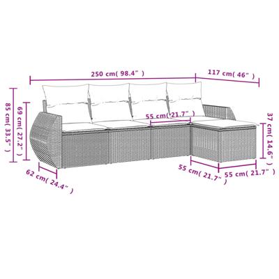 5-delige Loungeset met kussens poly rattan grijs - thumbnail