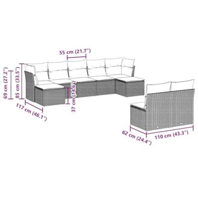 9-delige Loungeset met kussens poly rattan bruin