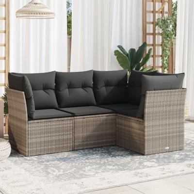 4-delige Loungeset met kussens poly rattan lichtgrijs - thumbnail
