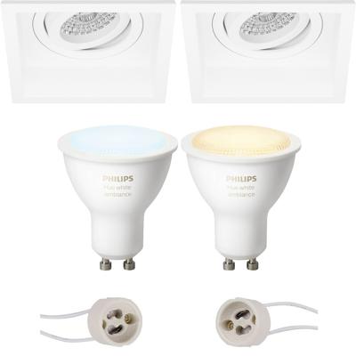 GU10 Inbouwspot Set - Mat Wit - Inbouw Vierkant - Verdiept - Kantelbaar - Philips Hue - White Ambiance - Bluetooth - Pragmi Domy Pro - 105mm