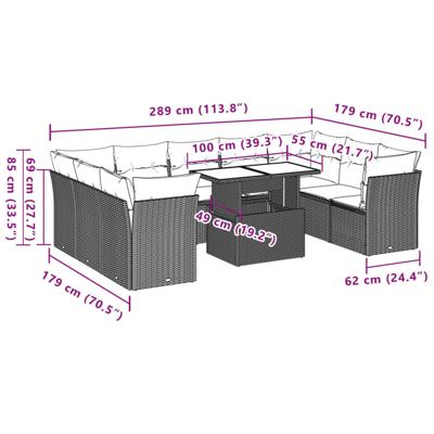 10-delige Loungeset met kussens poly rattan zwart - thumbnail