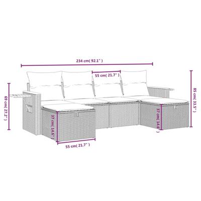 5-delige Loungeset met kussens poly rattan zwart