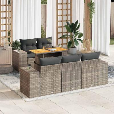 6-delige Loungeset met kussens poly rattan grijs
