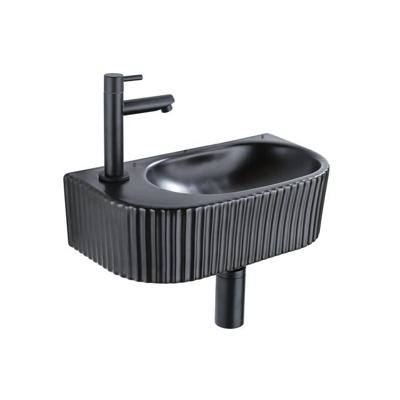 QeramiQ Fuente Fonteinset - 40x21.5x12cm - links - geribbeld - halfrond - 1 kraangat - keramiek - fonteinkraan zwart mat - afvoerplug - verlaagd sifon - zwart mat SW1209548/SW696205/SW696215/SW696235