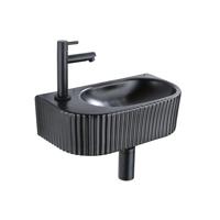 QeramiQ Fuente Fonteinset - 40x21.5x12cm - links - geribbeld - halfrond - 1 kraangat - keramiek - fonteinkraan zwart mat - afvoerplug - verlaagd sifon - zwart mat SW1209548/SW696205/SW696215/SW696235 - thumbnail