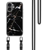 iPhone 16 hoesje met zwart koord - Marmer zwart - thumbnail