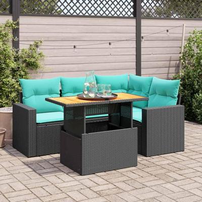 5-delige Loungeset met kussens poly rattan zwart