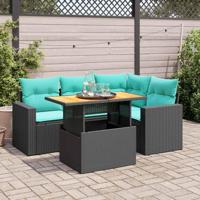 5-delige Loungeset met kussens poly rattan zwart - thumbnail