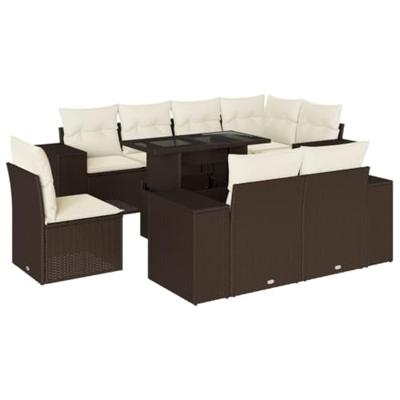 9-delige Loungeset met kussens poly rattan bruin