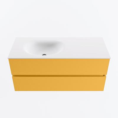 MONDIAZ VICA 110cm badmeubel onderkast Ocher 2 lades. Wastafel MOON links zonder kraangat, kleur Talc.