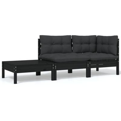 3-delige Loungeset met kussens massief grenenhout zwart 3-delige Loungeset met kussens massief grenenhout zwart
